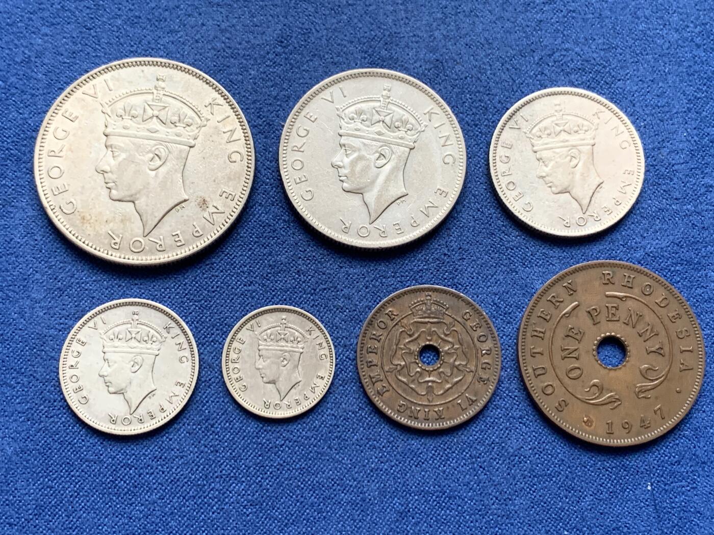 《竞宝斋》第408场 周日，周一，2场连拍 （全场包邮） 7枚一组 英属南罗德西亚1944-1947年乔治六世 含5枚银币