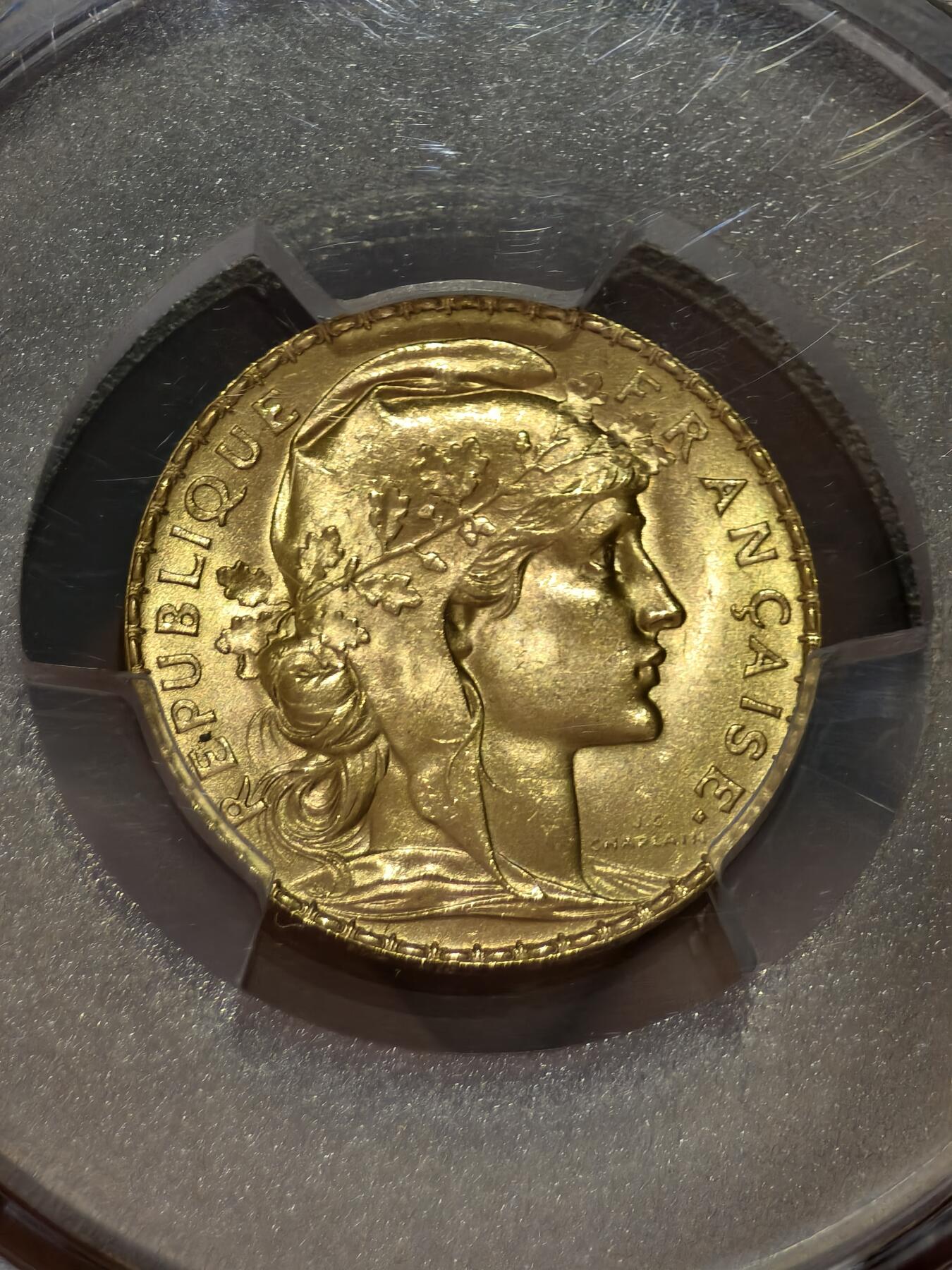 PCGS-MS66法国1913年高卢雄鸡玛丽安娜20法郎金币