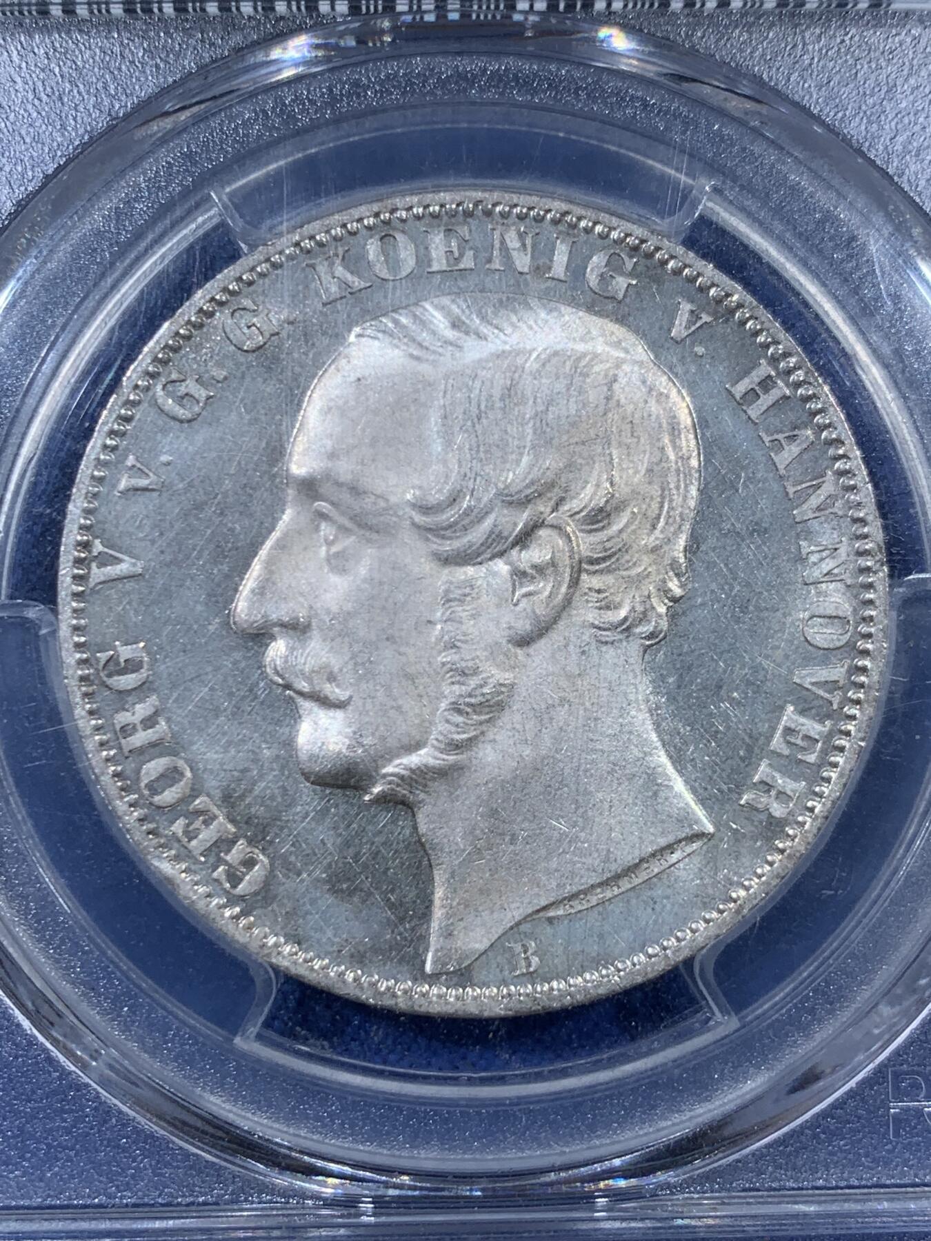 《竞宝斋》第408场 周日，周一，2场连拍 （全场包邮） PCGS MS64 德国 1865年 汉诺威 滑铁卢战役纪念1泰勒 略带镜面感