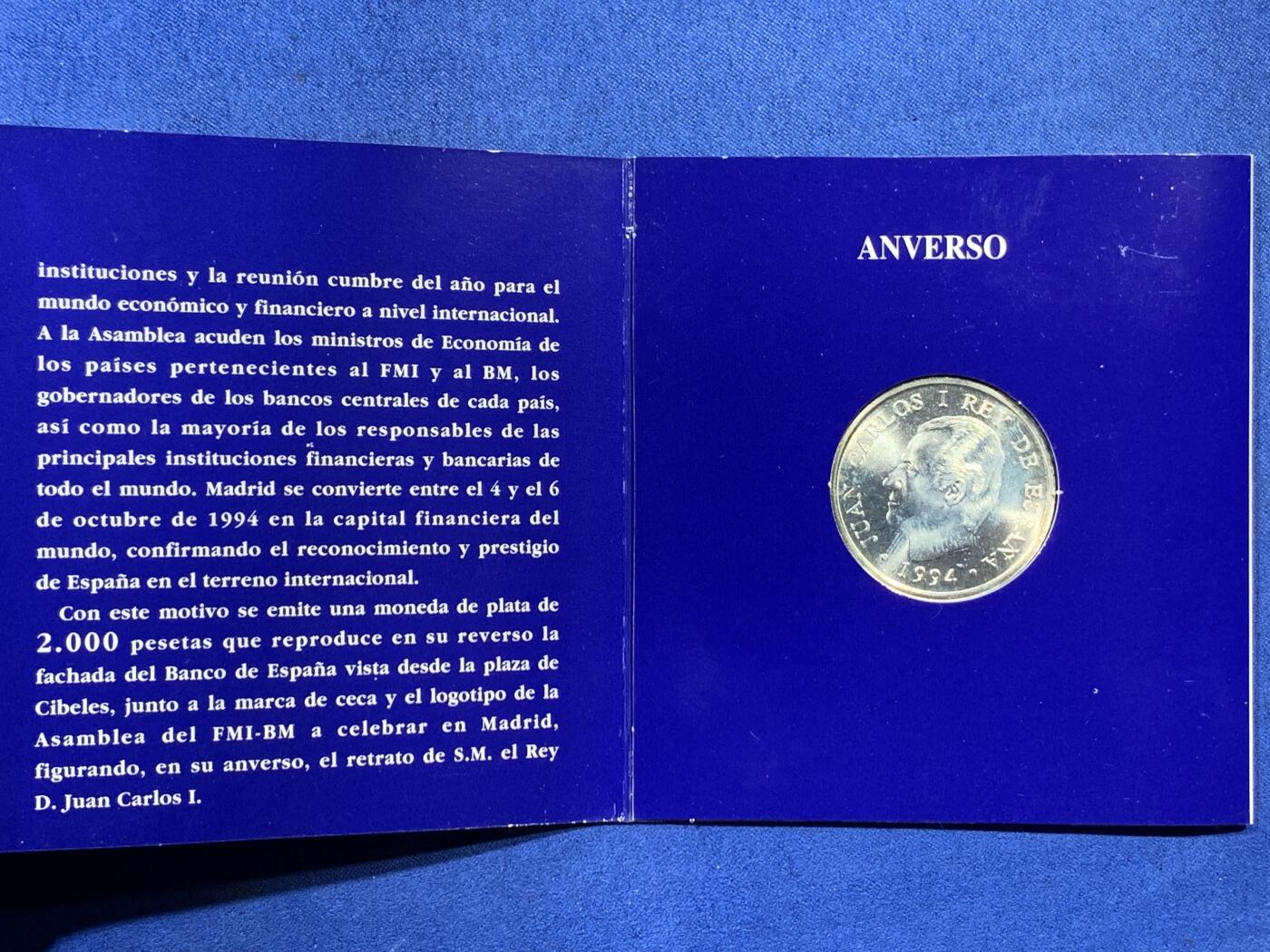 《竞宝斋》第408场 周日，周一，2场连拍 （全场包邮） 册装 西班牙1994年面值交换系列-马德里国际货币基金组织会议2000比塞塔银币 925银 18克