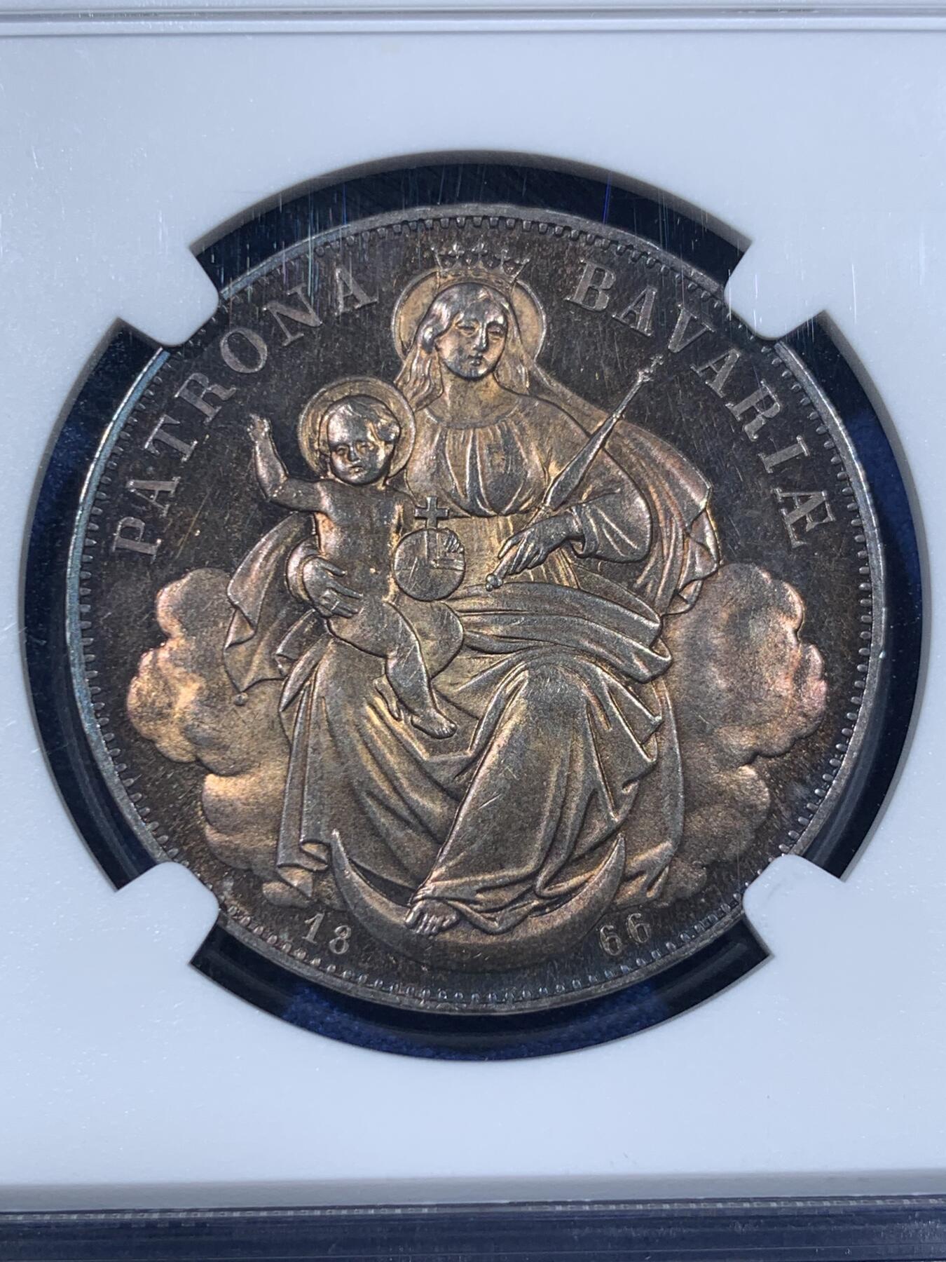 《竞宝斋》第408场 周日，周一，2场连拍 （全场包邮） NGC UNCD 德国巴伐利亚1866圣母抱婴1泰勒银币