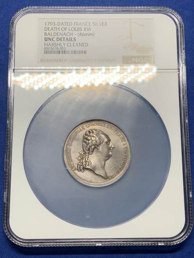 《竞宝斋》第408场 周日，周一，2场连拍 （全场包邮） - NGC UNC 法国 1793 路易十六逝世纪念银章 46mm大规格 值得入手的品种 那个年代保存至今及其不易