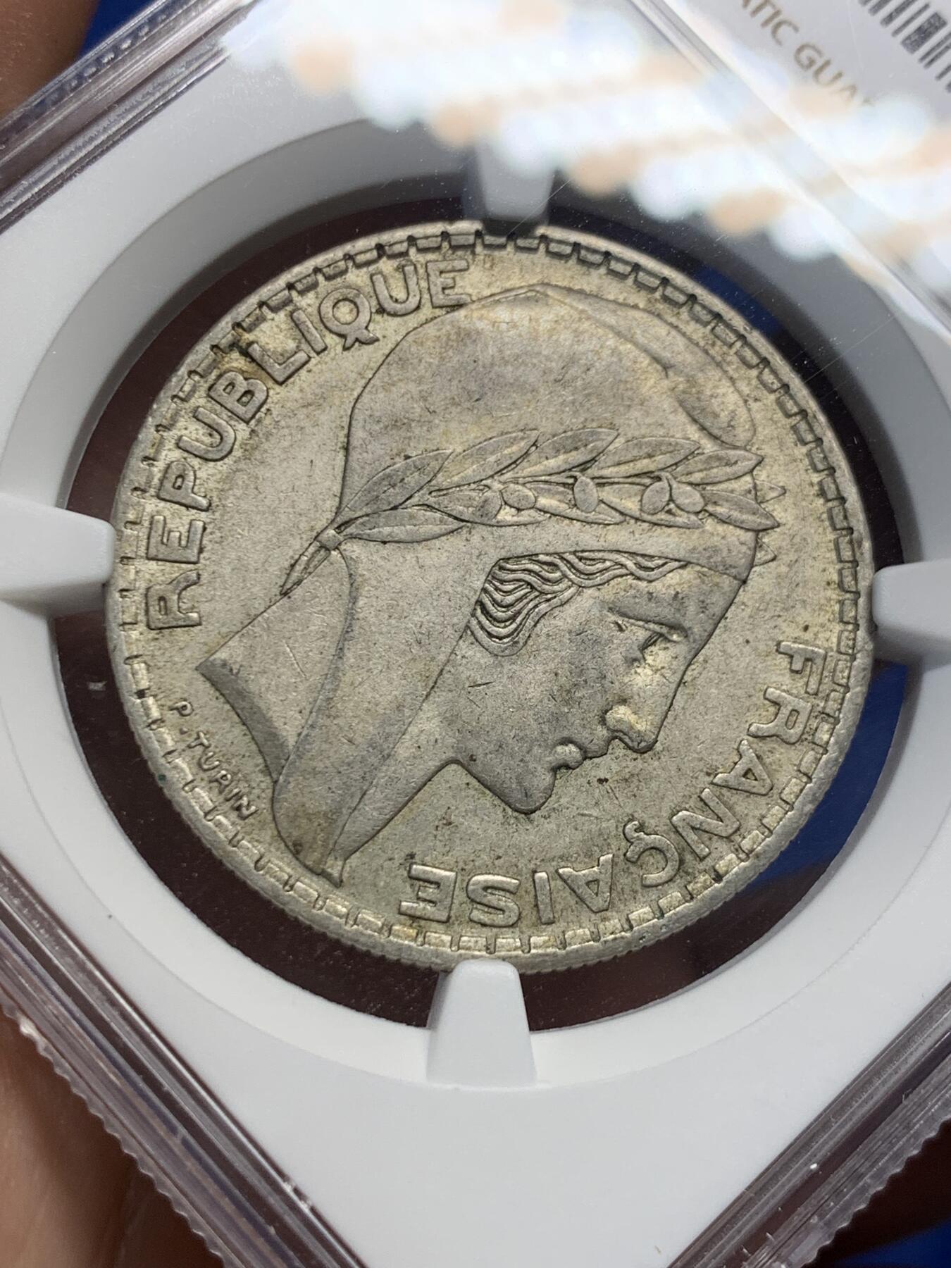 《竞宝斋》第408场 周日，周一，2场连拍 （全场包邮） NGC AU58 法国1938年谷物女神20法郎大银币，经典主币，有上涨空间。