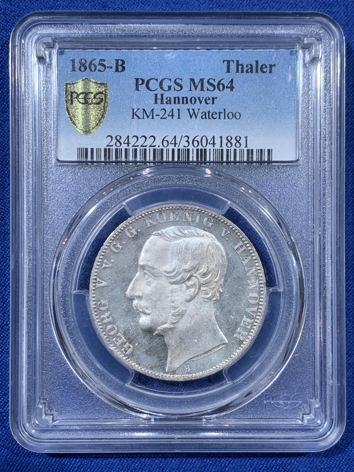 《竞宝斋》第408场 周日，周一，2场连拍 （全场包邮） PCGS MS64 德国 1865年 汉诺威 滑铁卢战役纪念1泰勒 略带镜面感