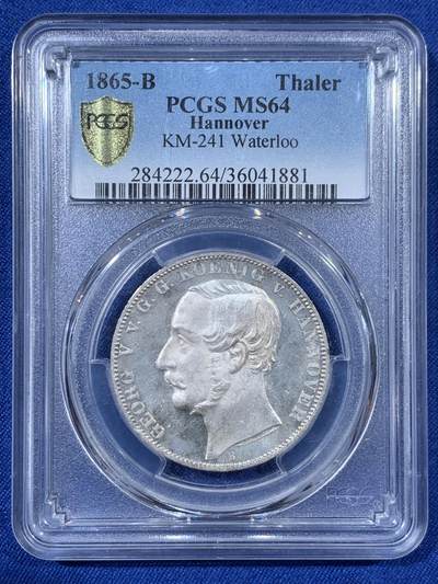 《竞宝斋》第408场 周日，周一，2场连拍 （全场包邮） - PCGS MS64 德国 1865年 汉诺威 滑铁卢战役纪念1泰勒 略带镜面感
