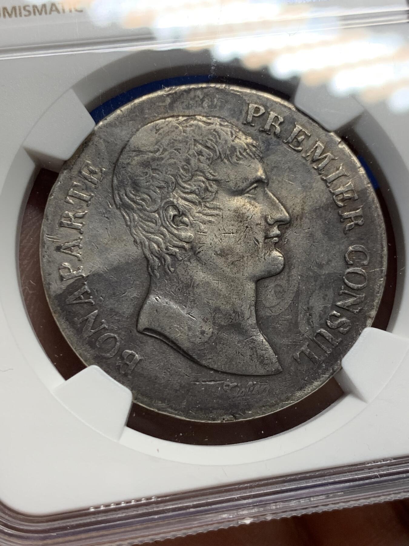 《竞宝斋》第408场 周日，周一，2场连拍 （全场包邮） NGC VF 法国1804年拿破仑执政官5法郎大银币  严重低评，头发丝起码是XF的状态