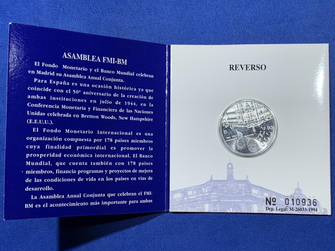 《竞宝斋》第408场 周日，周一，2场连拍 （全场包邮） 册装 西班牙1994年面值交换系列-马德里国际货币基金组织会议2000比塞塔银币 925银 18克