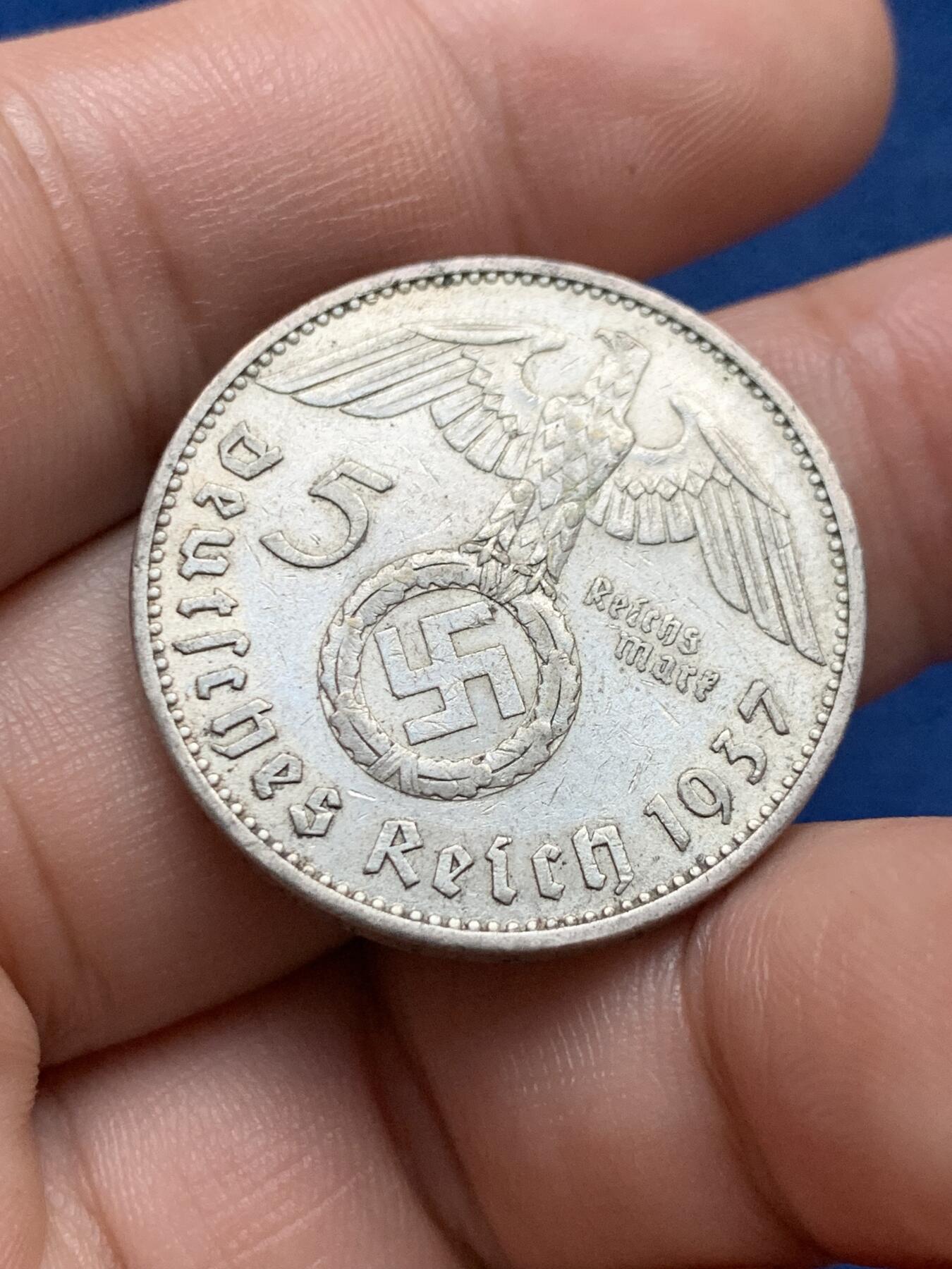 《竞宝斋》第408场 周日，周一，2场连拍 （全场包邮） 德国1937兴登堡5马克 银币