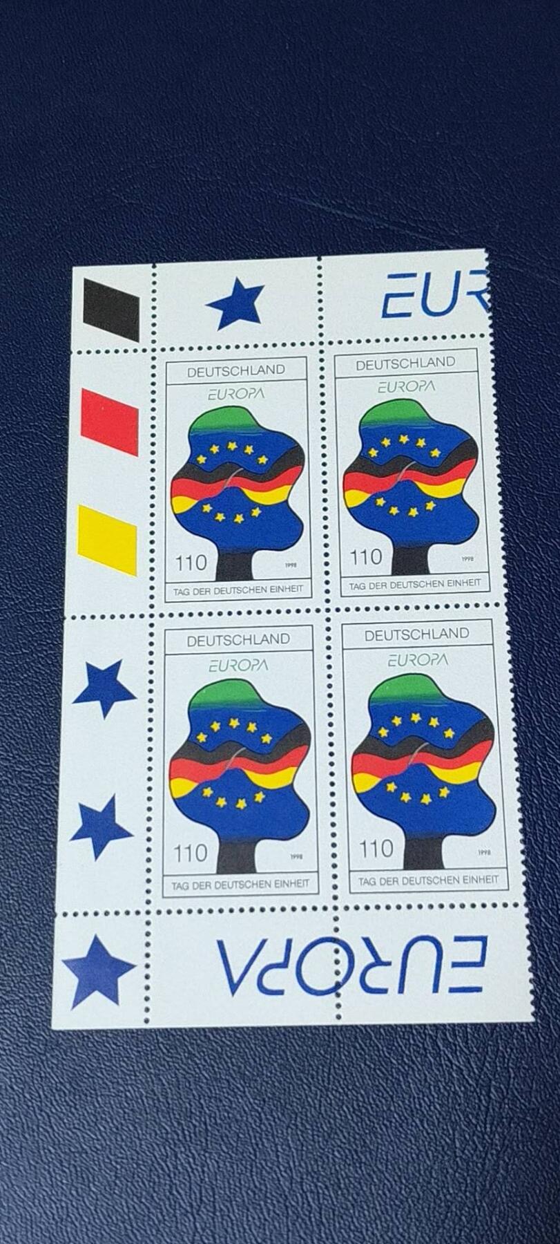 德国邮票专场，都是四方联 德国邮票四方联一张，1998年发行，欧罗巴统一日  树和国旗。品相如图