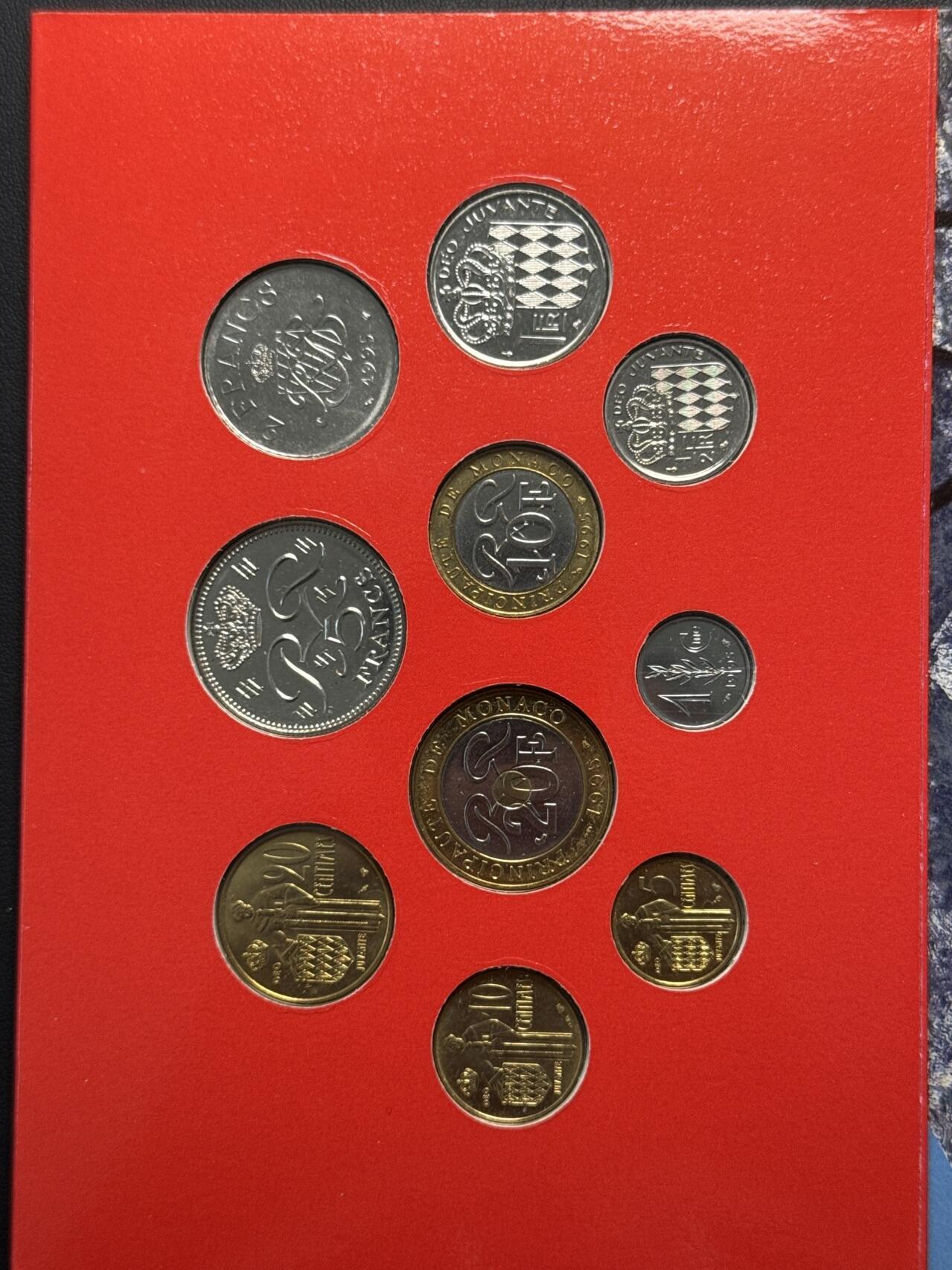 ❤️【币观天下】❤️ 第320期钱币拍卖- 2025.8.8周五晚上6点半场-长期征集拍品 摩纳哥1995年官方流通币卡册10枚套装