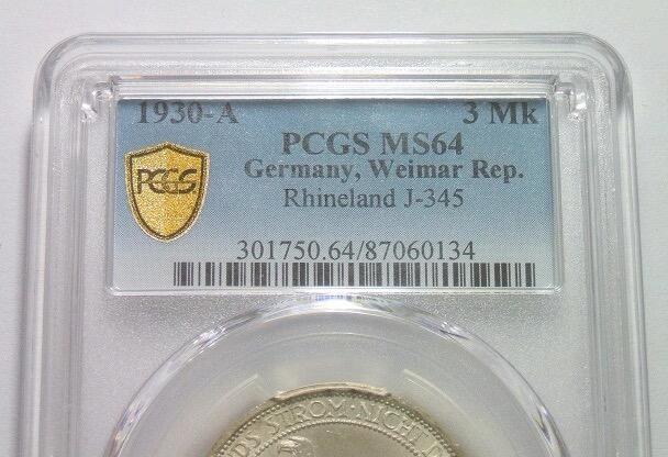 【银】PCGS MS64 德国魏玛1930年莱茵解放3马克纪念银币 开卷丝绸原光