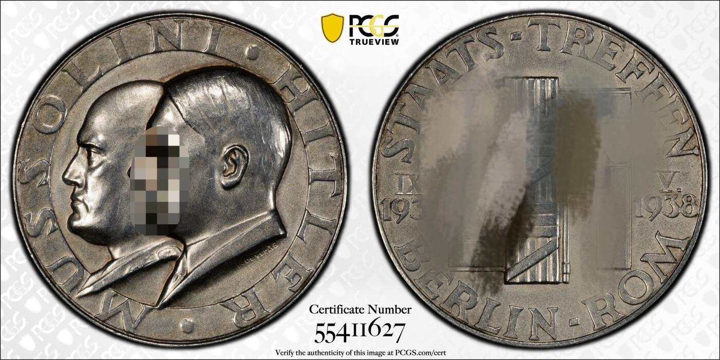 万国钱币拍卖第050期（万国五十期纪念大拍） PCGS SP61 1938年德国民族社会主义工人党党魁和墨索里尼互访首都纪念银章 双方在会面后组成著名的“钢铁同盟”原味磨砂环彩（原图请私信后台或自行查询官网）