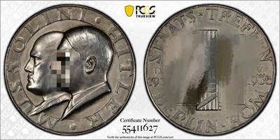 万国钱币拍卖第050期（万国五十期纪念大拍） - PCGS SP61 1938年德国民族社会主义工人党党魁和墨索里尼互访首都纪念银章 双方在会面后组成著名的“钢铁同盟”原味磨砂环彩（原图请私信后台或自行查询官网）