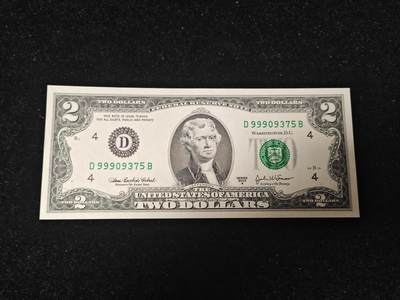 美国纸币 2003年A 2美元 D区 无4 全新UNC - 美国纸币 2003年A 2美元 D区 无4 全新UNC
