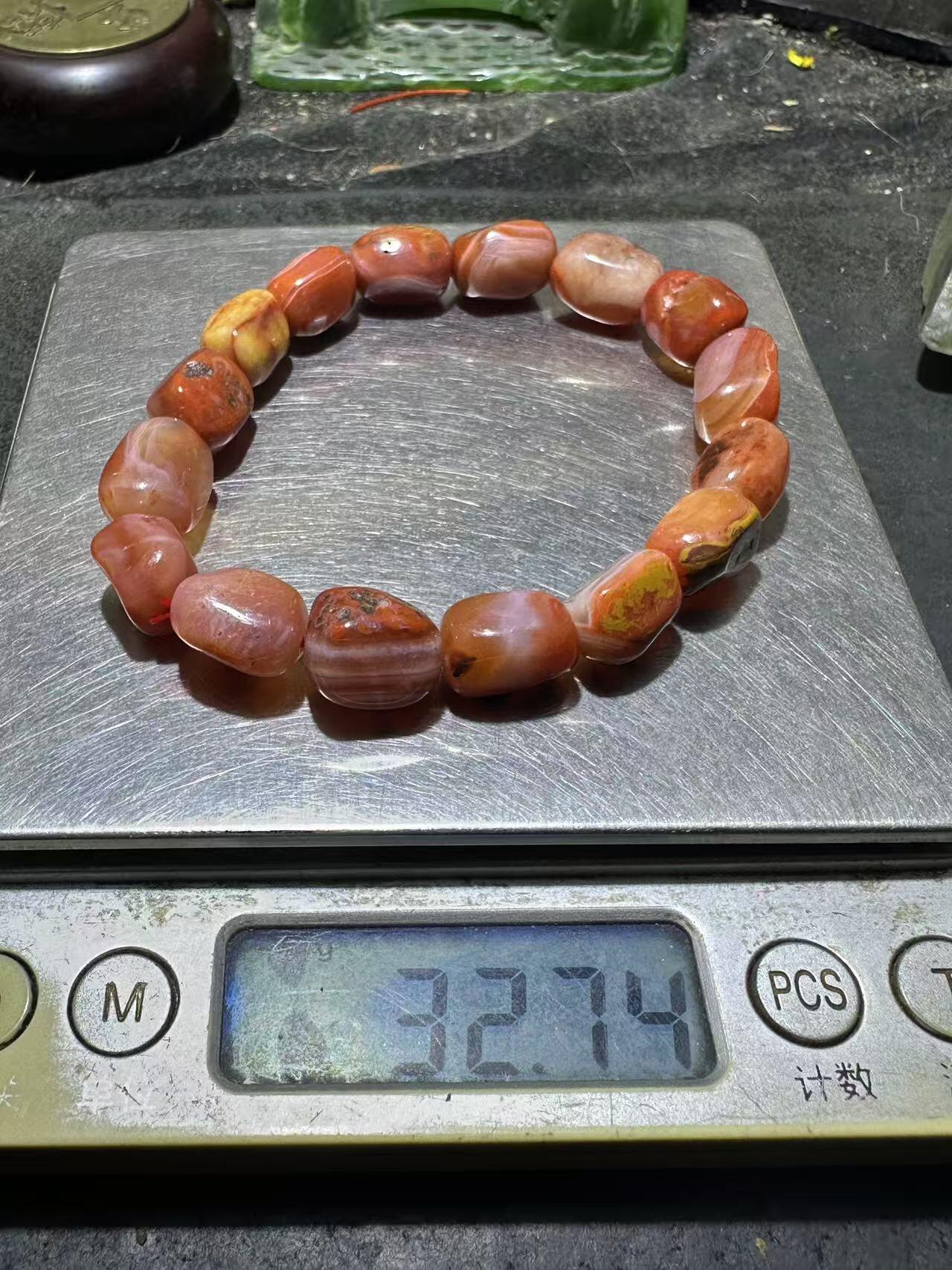 川料红黄原皮包浆料南红玛瑙随形单圈手串一条，，，