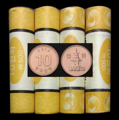 康怡轩钱币【世界流通币 套币 年版币 专场】第453期 - 50枚卷装 韩国10元硬币 KM＃103