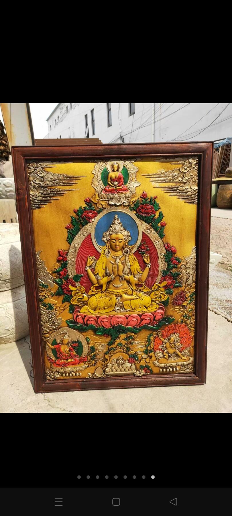 楠木大漆高浮雕多彩唐卡9个一组 ，品相一流，做工精细，纯手工制作，尺寸如图，保存完好，尺寸71✘53