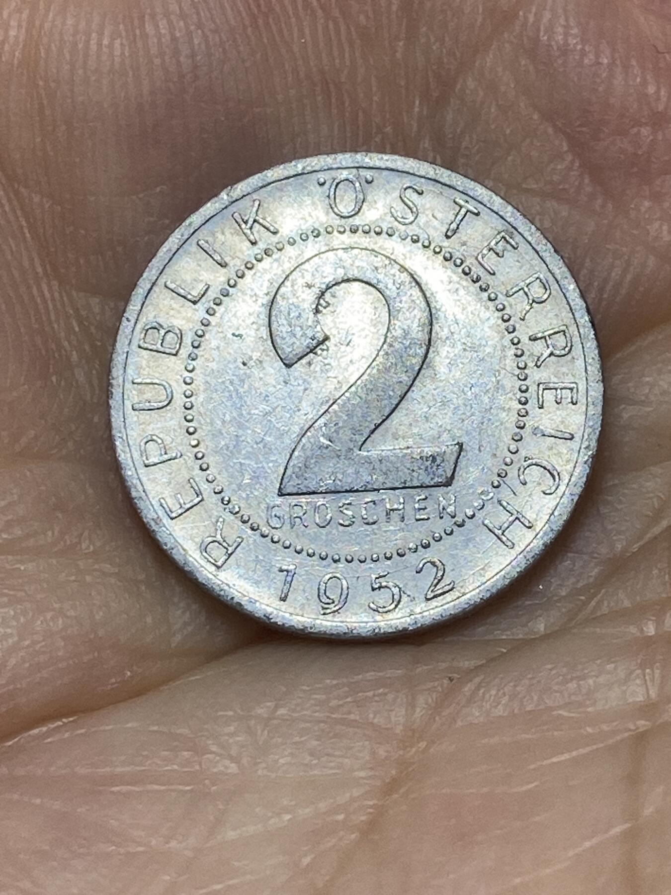2025年第七十六场(总第一百零二场）外国好品散币(免佣金) 早期年份–奥地利🇦🇹1952年2格罗申(二战后十进制首套币)