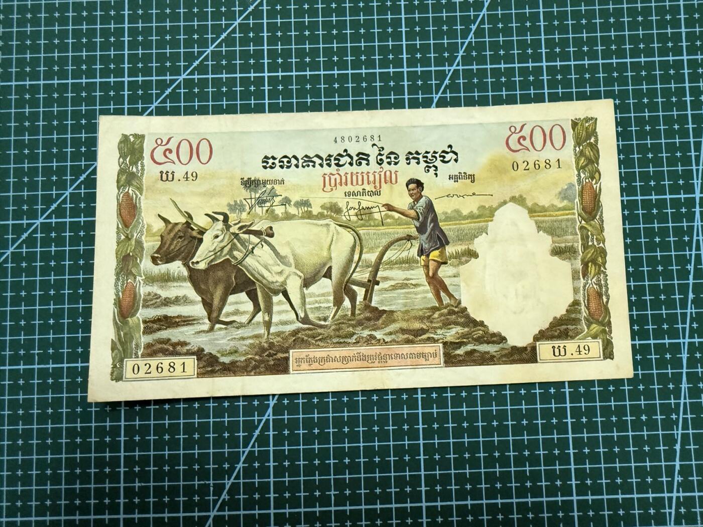 【炜奕收藏】，第四十期 柬埔寨100瑞尔，法属风，耕牛图，流通好品，有针孔