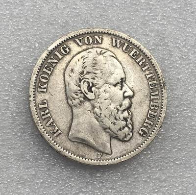 世界钱币专场拍卖 - 1876年德国符腾堡卡尔短翅5马克流通银币 27.8克