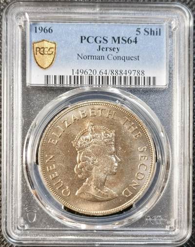甄臻铺-世界币章拍卖（第28期），送拍享返佣金等优惠多多 - PCGS-MS64 1966年英属泽西岛5先令