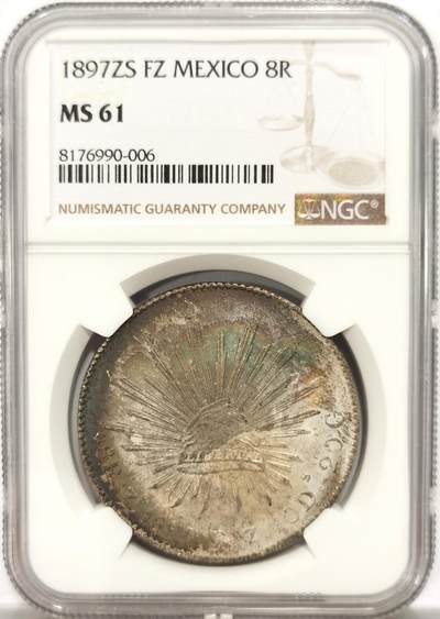 博洋堂世界钱币拍卖第134期（全场包邮） - NGC MS61 墨西哥1897年ZS FZ版花边鹰洋，关门年份，原味窖藏五彩