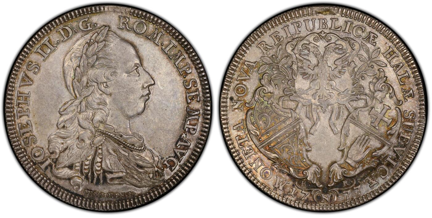 博洋堂世界钱币拍卖第134期（全场包邮） PCGS AU58 神罗罗马帝国霍尔邦国1777年约瑟夫一世流通老泰勒，名誉品，发行量406枚，好品存世量极其稀少，PCGS 评级榜58分以上只有2枚，昆克AU裸币价2000欧。