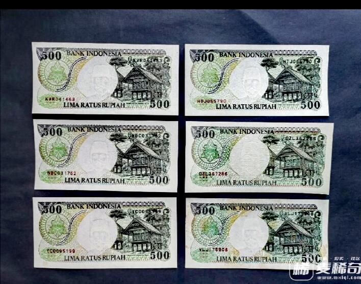 全新印度尼西亚1992年500卢比靓品纸币6枚一组：其中永恒兼双喜序列号1枚