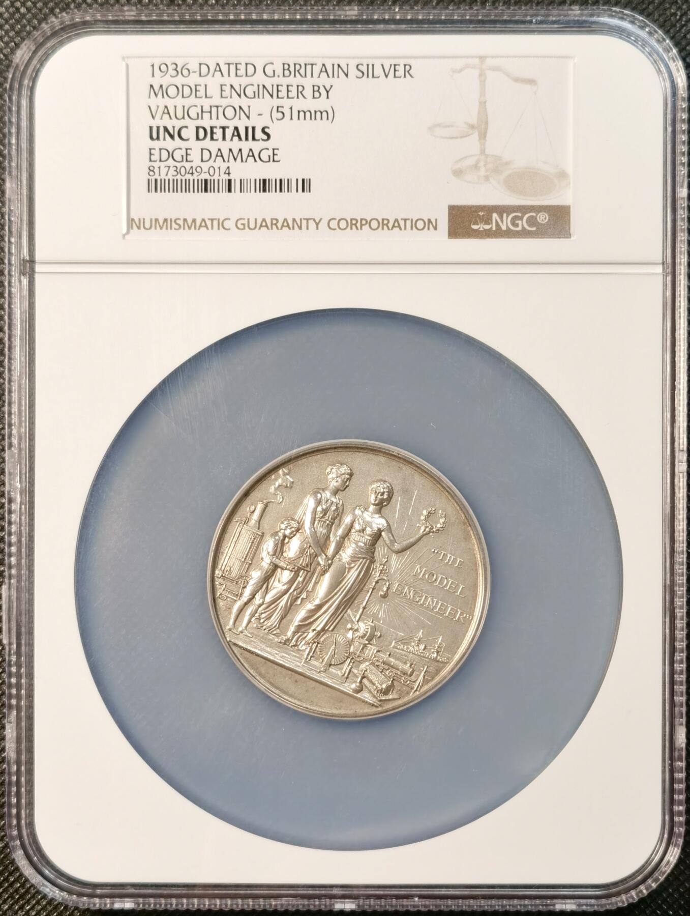 甄臻铺-世界币章拍卖（第28期），送拍享返佣金等优惠多多 NGC-UNCD 1936年英国模型工程协会颁发的获奖银章，直径51毫米，由大师沃顿斯制作。奖章上刻有“AWARDED TO ADRIAN HANDS 1936”字样