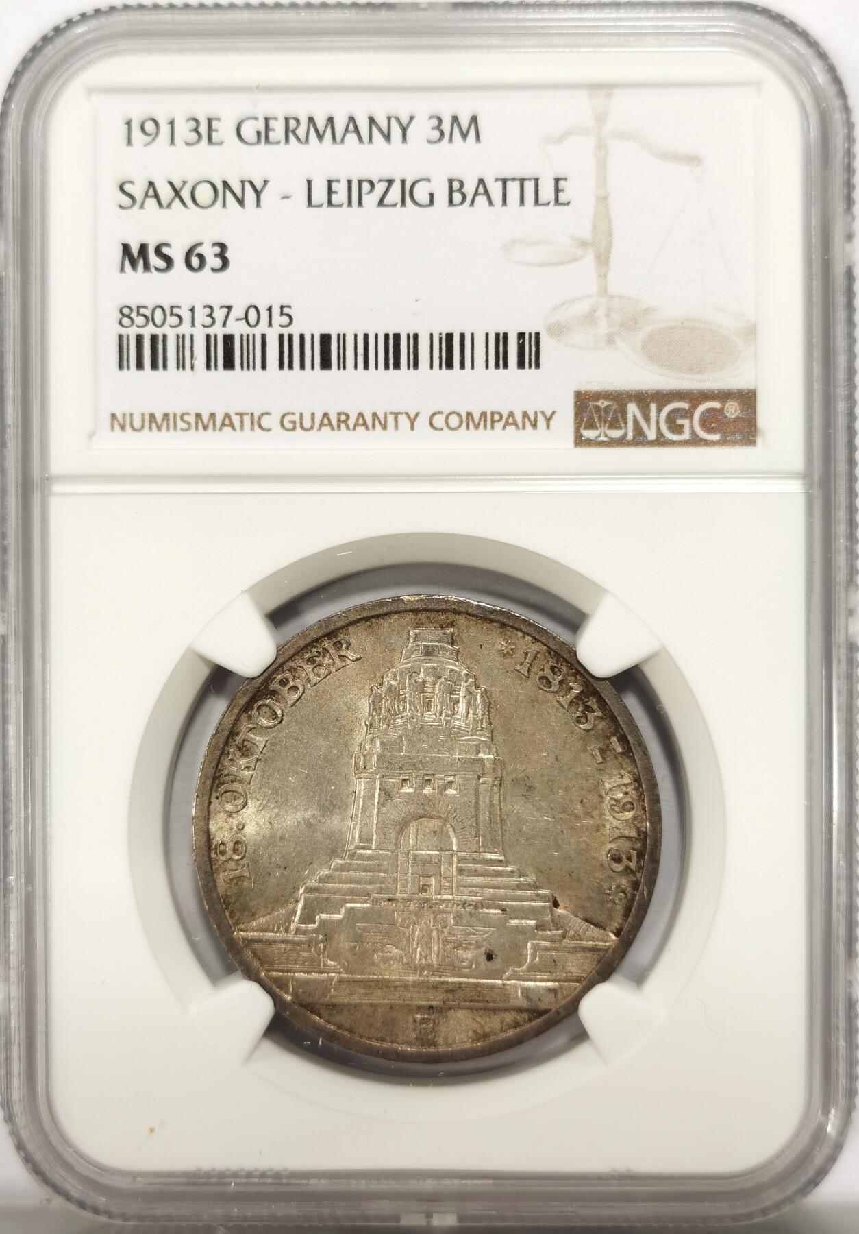 博洋堂世界钱币拍卖第134期（全场包邮） NGC MS63 德国萨克森1913年莱比锡战役纪念3马克银币  黄油淡彩