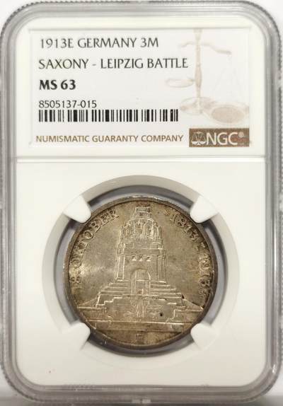 博洋堂世界钱币拍卖第134期（全场包邮） - NGC MS63 德国萨克森1913年莱比锡战役纪念3马克银币  黄油淡彩