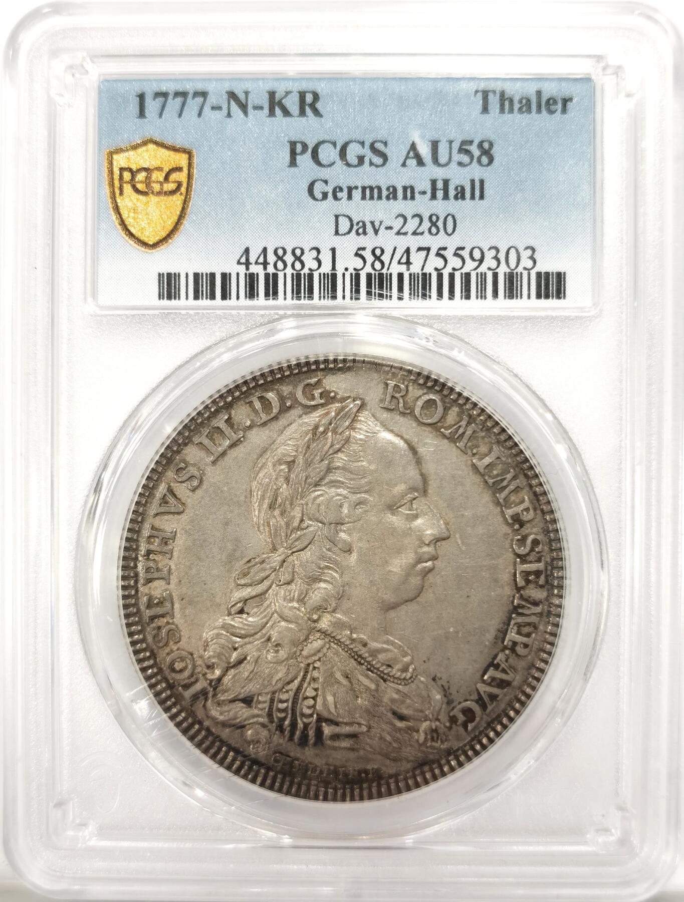 博洋堂世界钱币拍卖第134期（全场包邮） PCGS AU58 神罗罗马帝国霍尔邦国1777年约瑟夫一世流通老泰勒，名誉品，发行量406枚，好品存世量极其稀少，PCGS 评级榜58分以上只有2枚，昆克AU裸币价2000欧。