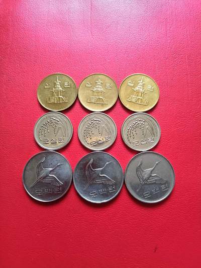 【云涧收藏】第五十一场 韩国10、50、500元3枚3组9枚，UNC