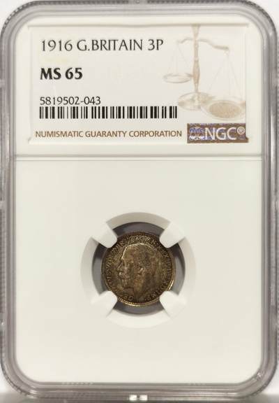 博洋堂世界钱币拍卖第134期（全场包邮） - NGC MS65 英国1916年3便士银币