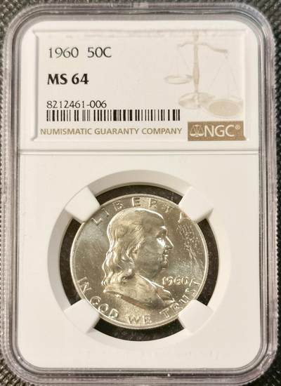 甄臻铺-世界币章拍卖（第28期），送拍享返佣金等优惠多多 - NGC-MS64 1960年美国富兰克林半美元