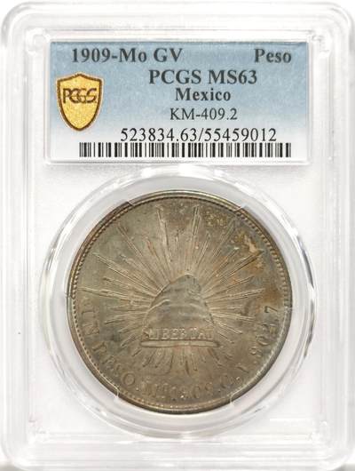 博洋堂世界钱币拍卖第134期（全场包邮） - PCGS MS63 1909年MO GV版墨西哥直边鹰洋 极致梦幻五彩，帽面青色五彩包浆，反面香槟色五彩包浆，百中难得一见的极品状态，底板上佳，光度突出，可谓鹰洋极品