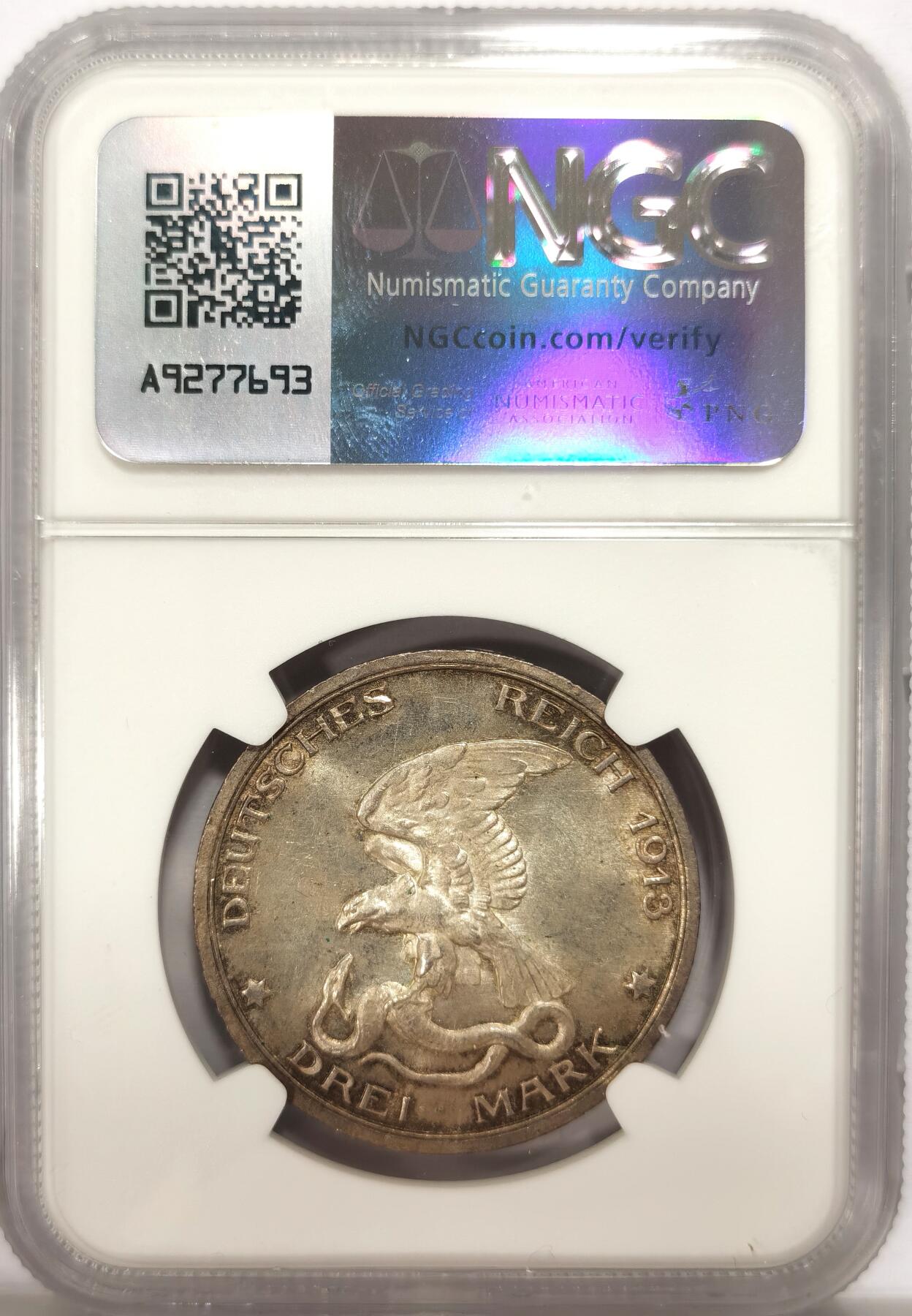 博洋堂世界钱币拍卖第134期（全场包邮） NGC MS64 德国普鲁士1913年战胜拿破仑纪念3马克银币 原光带彩