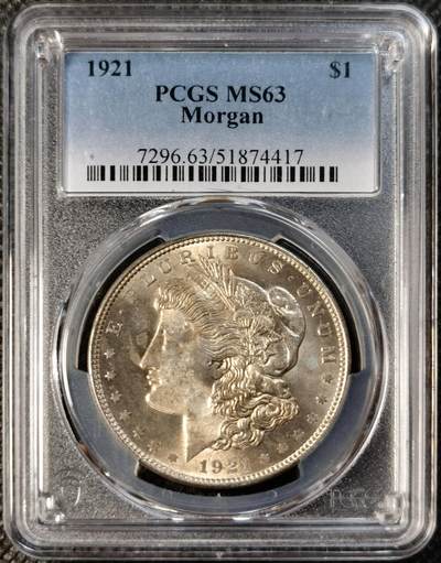 甄臻铺-世界币章拍卖（第28期），送拍享返佣金等优惠多多 - PCGS-MS63 1921年美国摩根，淡金色包浆