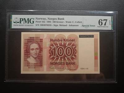 2025八月第二期（总187期） - 挪威1994年100克朗PMG67epq，稀有的在末年份纪念册中发行的黑色冠号纪念钞版本