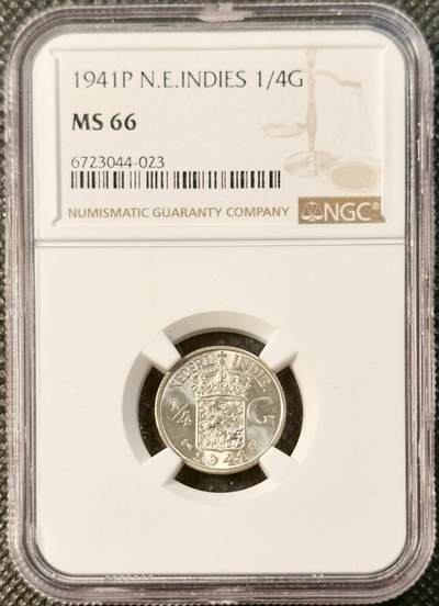 甄臻铺-世界币章拍卖（第28期），送拍享返佣金等优惠多多 - NGC-MS66 1941年荷属东印度1/4盾，高分卷拆