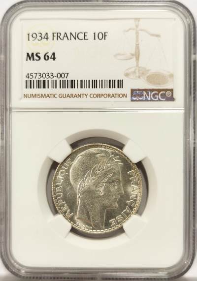 博洋堂世界钱币拍卖第134期（全场包邮） - NGC MS64 法国1934年10法郎银币