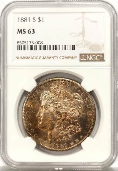 博洋堂世界钱币拍卖第134期（全场包邮） - NGC MS63 美国1881年摩根银币，双面深彩，包浆很漂亮。