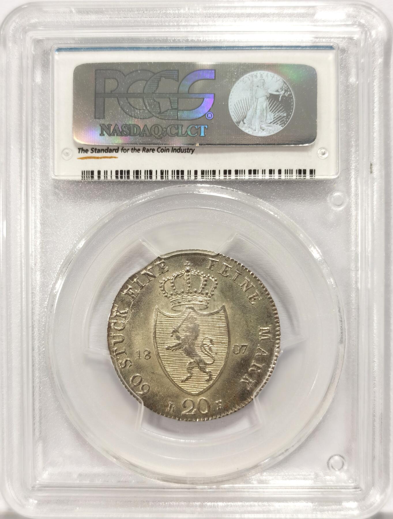博洋堂世界钱币拍卖第134期（全场包邮） PCGS MS64 德国黑森达姆1807年路德维希大公流通20克洛泽银币，罕见的品种，PCGS 评级榜冠军分，唯一一枚。