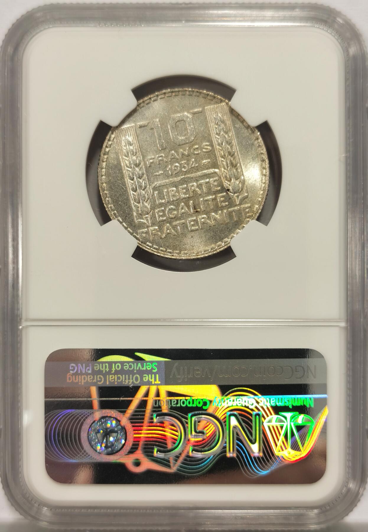 博洋堂世界钱币拍卖第134期（全场包邮） NGC MS64 法国1934年10法郎银币