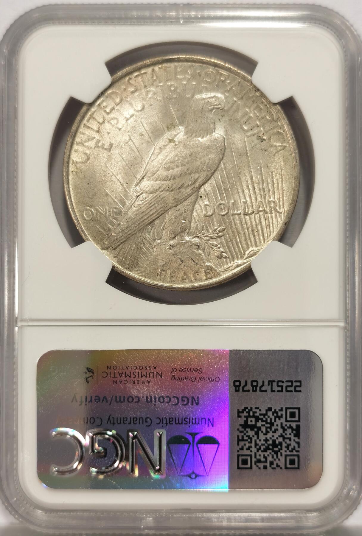 博洋堂世界钱币拍卖第134期（全场包邮） NGC MS64 美国1922年和平银币，双面淡黄油包浆，原光好品。