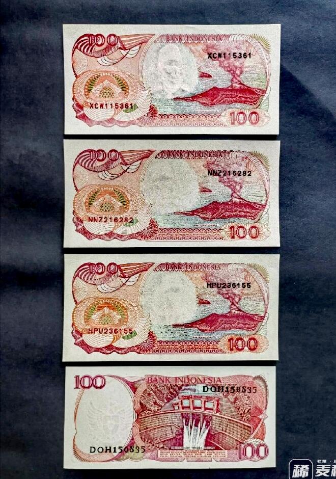 全新印度尼西亚1984、1992年100卢比永恒号靓品纸币4枚一组