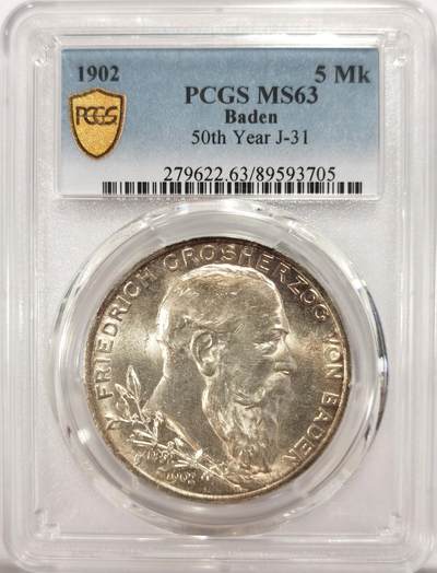 博洋堂世界钱币拍卖第134期（全场包邮） - PCGS MS63 德国巴登1902年弗里德里希大公登基50周年5马克银币，淡彩，底板丝滑，绝对低评了！