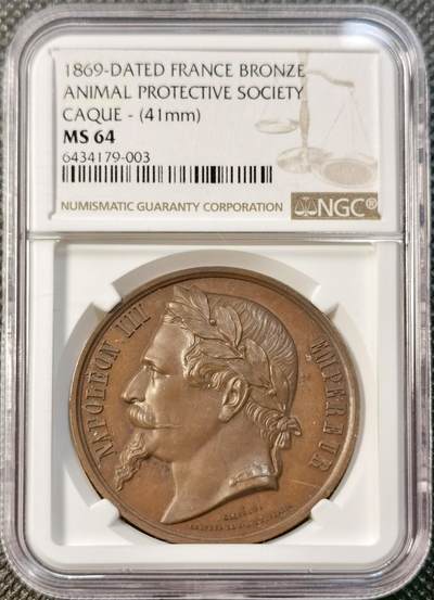 甄臻铺-世界币章拍卖（第28期），送拍享返佣金等优惠多多 - NGC-MS64 1869年法国动物保护协会铜章，由大师GAQUE制作，直径41毫米。正面是拿破仑三世头像，背面是动物保护主题图案，刻有"SOCIETE PROTECTRICE DES ANIMAUX"字样