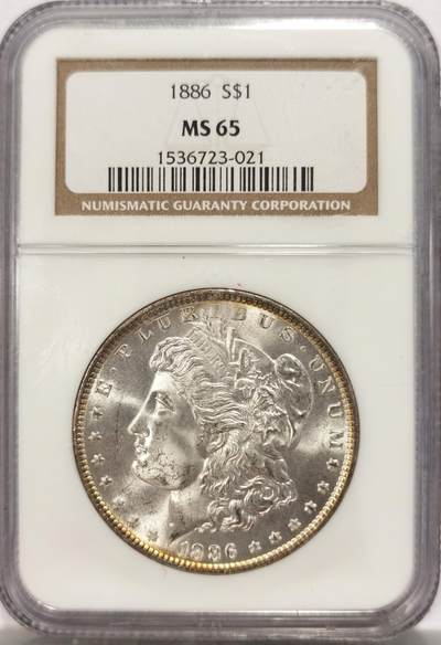 博洋堂世界钱币拍卖第134期（全场包邮） - 美国1886年摩根银币P版NGC-MS65，原汁原味淡彩老包浆，包浆醇厚，打制深峻，转光强烈细节优秀，状态一流。