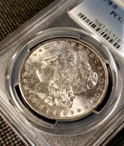 甄臻铺-世界币章拍卖（第28期），送拍享返佣金等优惠多多 PCGS-MS63 1878年S版美国摩根，PL地板，少见首发年份